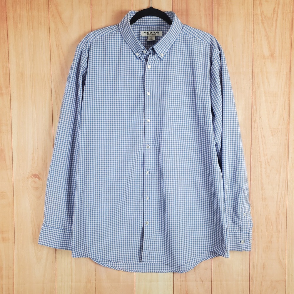 Mizzen + Main Mens Shirt XL Blue White Check‎ Pattern Long Sleeve Button Up
